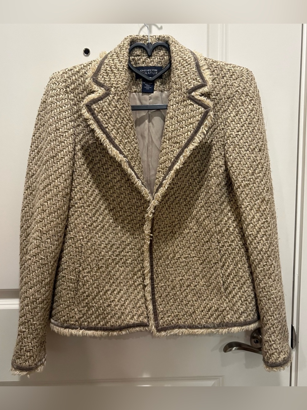 Jones New York Natur Tweed Beige Fringe Trim Blazer